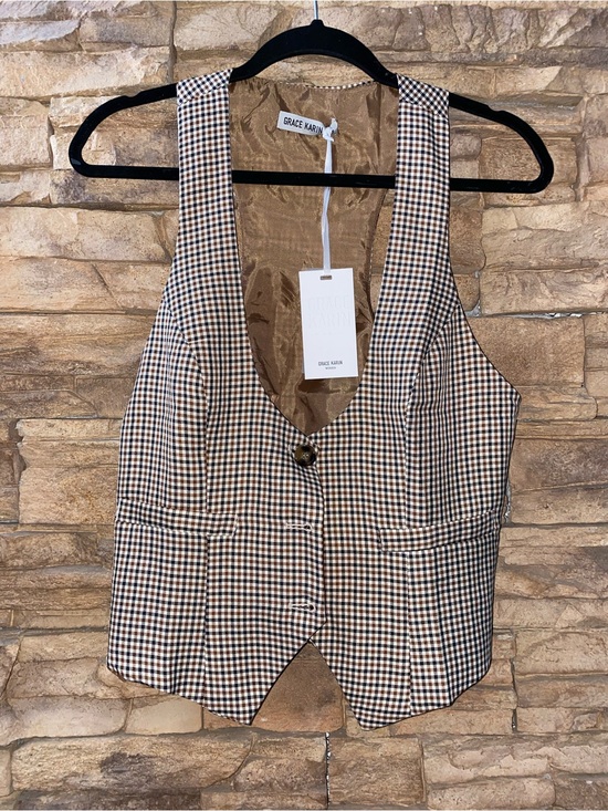 Grace Karin Jackets & Blazers - Grace Karin Plaid Vest Women’s Size Medium Brown Check Tailored